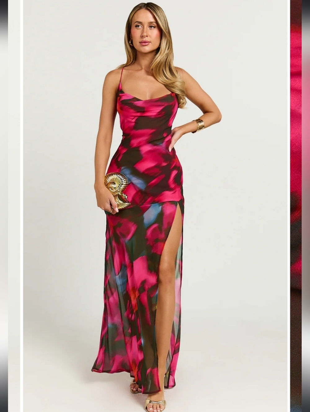 Showpo Talia Maxi Dress Hyper Tropical Print Cowl Neck Slit Dress US 10 NWT